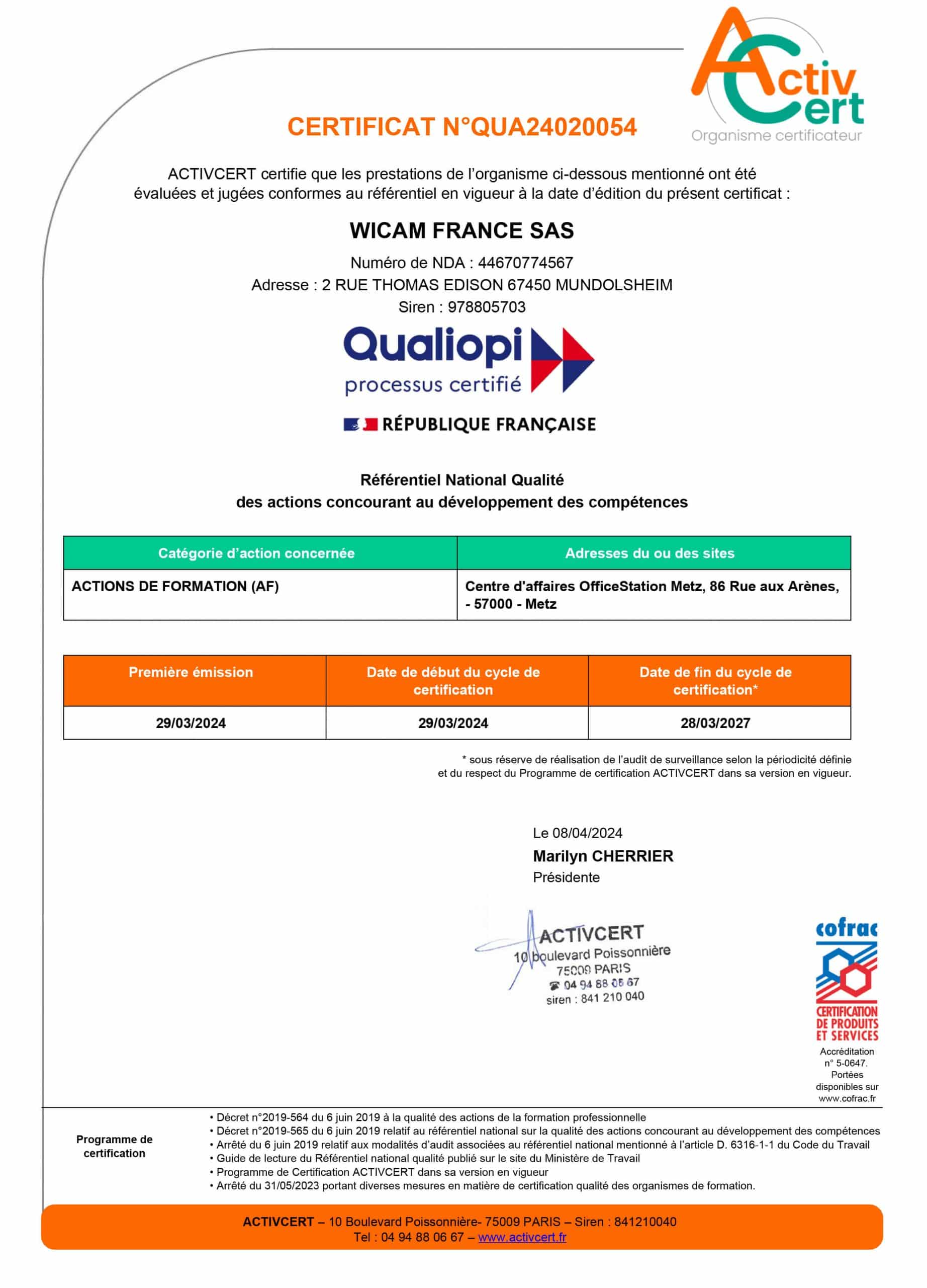 QUALIOPI - CERTIFICAT N°QUA24020054 WICAM France